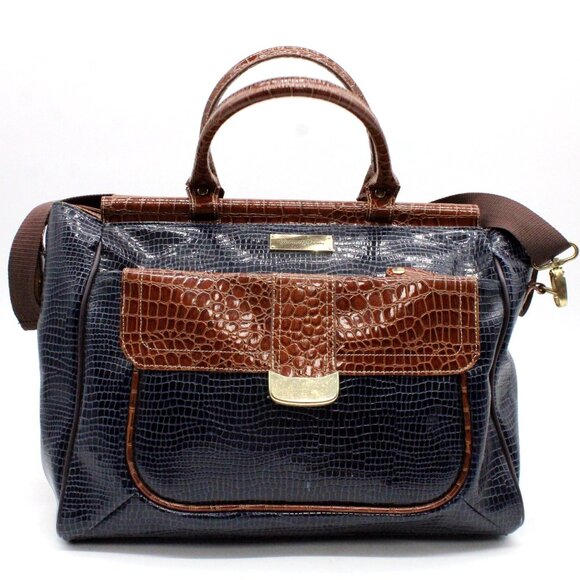 Samantha Brown Dowel Travel Bag Croc Embossed BLUE Brown Weekender Carry On VTG - Picture 1 of 15